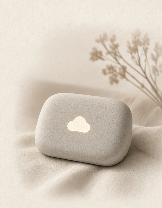 A smooth stone with a glowing cloud, resting on linen